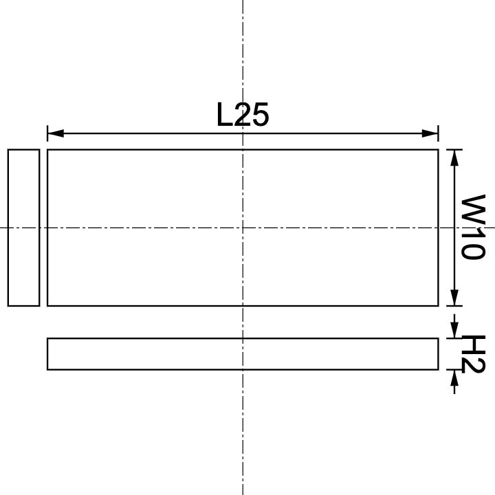 Neodymium Block Magnet 25mm X 10mm X 2mm Drawing